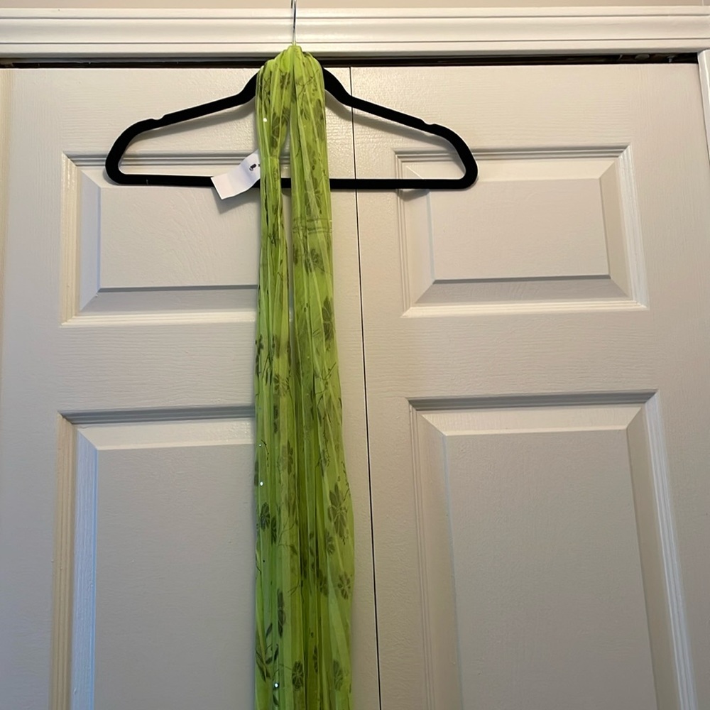 Light Green Scarf with Flower Design and Tassels on the end